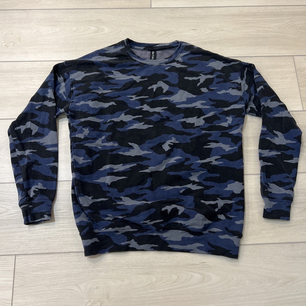 Athleta Women's Sweatshirt Blue‎ Black Camo Long Sleeve Crew Neck Pullover XS
